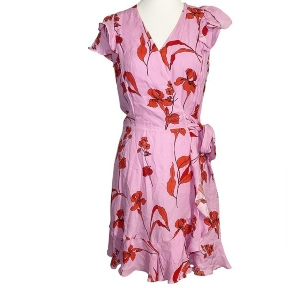 Parker Pink & Red Floral Pink Wrap Dress with Flounce Sleeves